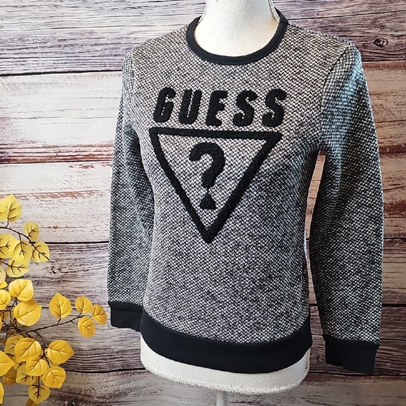GUESS JUNIORS BLACK HERRINGBONE LONG SLEEVE PULLOVER SWEATER - Picture 1 of 10